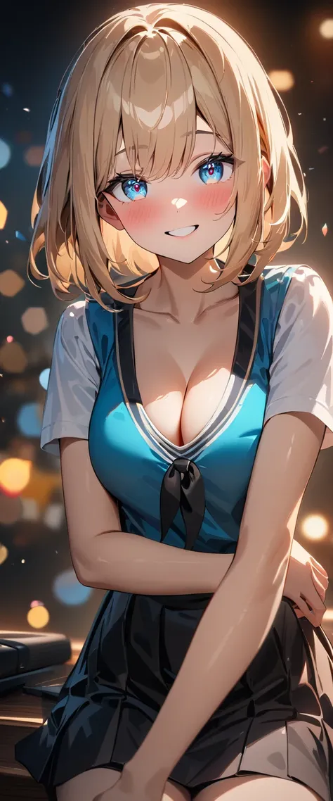 (((One girl))), blond hair, bob cut, (cowboy shot), (looking at viewer), face in focus, breasts, teenager, head tilt:1.3, (((blue eye))), ((happy smile)), ((full face blush)), school summer uniform, white shirts, black tie, black skirt, cleavage, anime sty...