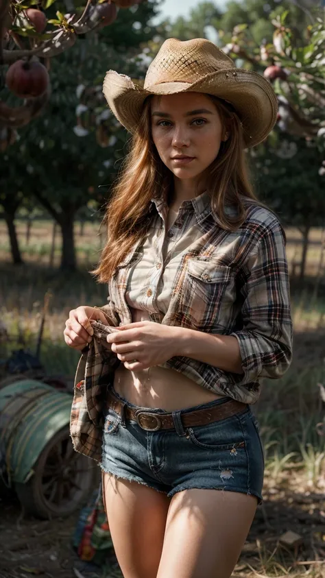 Masterpiece, Of the highest quality, Colorful cinematic lighting, peach farmer portrait photography with overflow [Orange|yellow] Hair, With fitted red plaid flannel shirt, Daisy Dukes, embellished leather cowboy boots, (wearing cowboy hat), (Perfect face:...