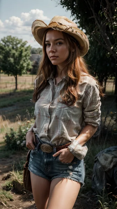 Masterpiece, Of the highest quality, Colorful cinematic lighting, peach farmer portrait photography with overflow [Orange|yellow] Hair, With fitted red plaid flannel shirt, Daisy Dukes, embellished leather cowboy boots, (wearing cowboy hat), (Perfect face:...