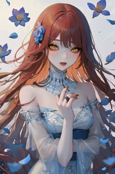 1 girl,flowers,standing alone,ring,hair flowers,hair ornament,gazing at viewer,jewerly,long hair,yellow  eyes,bangss,Red hair,parted lips,swept bangss,blue flowers,trunk,petals,bared shoulders,glaze,blue nails,make up,eyelash,water,ct style,gorgeous eye...