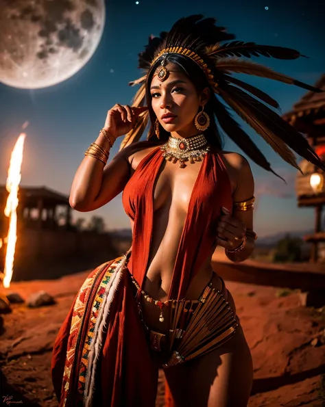 Beautiful Cherokee Indian woman with beautiful terracotta colored headdresses, blackw, doradas, cobre, Pearl, white and beige, feathers made of bright neon of various colors, flares on camera, bokeh, full moon night
