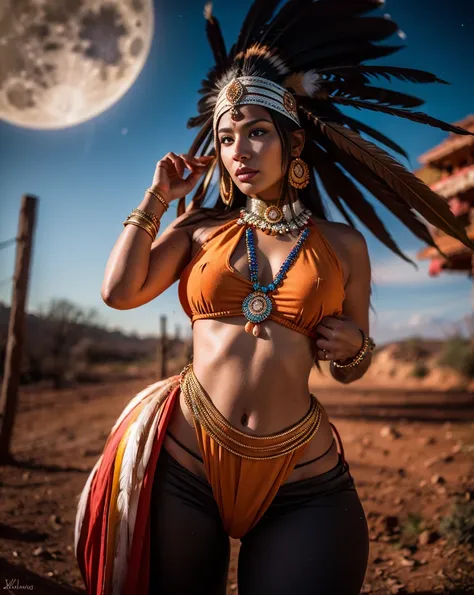 Beautiful Cherokee Indian woman with beautiful terracotta colored headdresses, blackw, doradas, cobre, Pearl, white and beige, feathers made of bright neon of various colors, flares on camera, bokeh, full moon night
