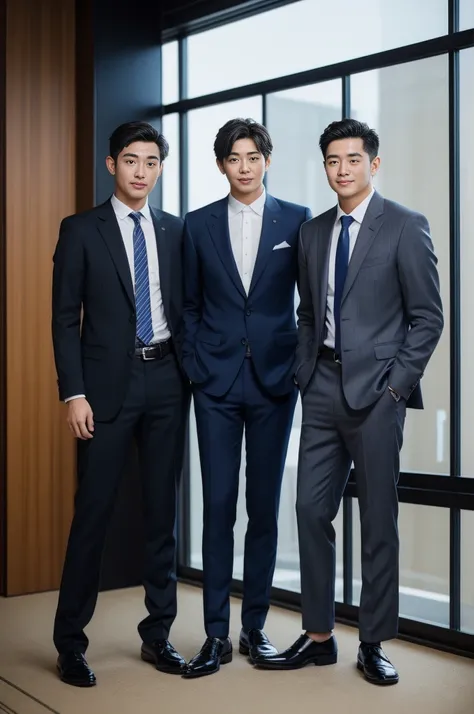 New employee, very handsome, 20 years old.、　（A really cool S-class guy in a suit.）、　เด็กชายJapanอายุ 20 ปี、　businessman、　Luxurious suit、　brown suit、　office、　Standing in a suitＳHandsome young man、　full body photo、　（ภาพถ่ายที่มีรายละเอียดhighของ CG Unity 8K）...