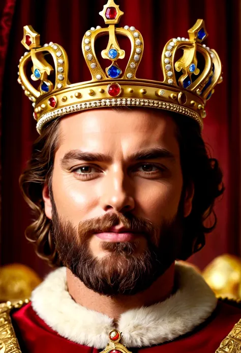 a close up of a man Wearing a crown and a beard, man with crown, wear a royal crown, Portrait of the King, The Medieval Old King, wears a crown, celebration of the king&#39;s coronation, Wear a golden crown, fantasy art smug smile man, clash royal style ch...