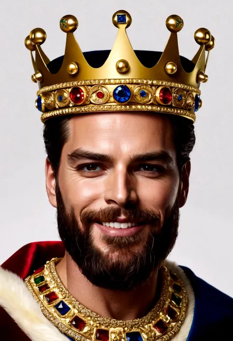 a close up of a man Wearing a crown and a beard, man with crown, wear a royal crown, Portrait of the King, The Medieval Old King, wears a crown, celebration of the king&#39;s coronation, Wear a golden crown, fantasy art smug smile man, clash royal style ch...