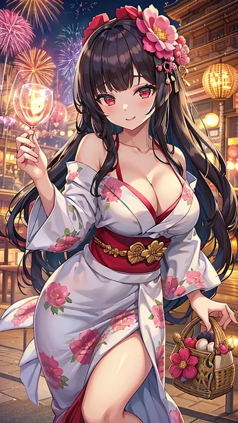 Masterpiece、Highest quality、Super detailed、1 girl、(Big Tits)、Fluffy and soft long hair、Red-pink eyes、Cleavage、(The underboob is visible)、smile、Too big breasts、Fireworks display、yukata