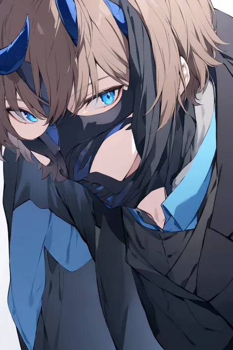 (man in half mask on the left side )(blue color)(blue eyes) brown hair)(blue horns)(Dressed in black)(Short haired)