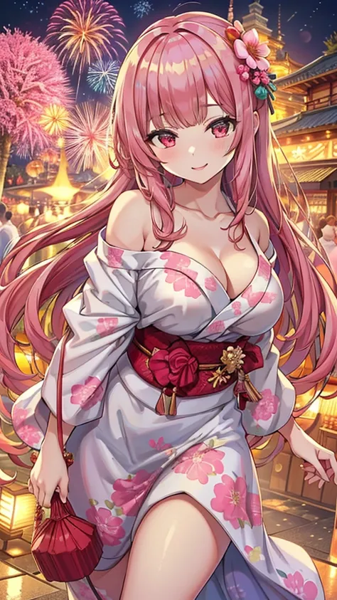 Masterpiece、Highest quality、Super detailed、1 girl、(Big Tits)、Fluffy and soft long hair、Red-pink eyes、Cleavage、(Showing underboob)、smile、Too big breasts、Fireworks display、yukata、Pale pink hair