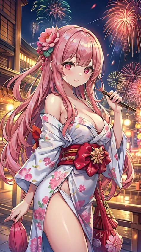 Masterpiece、Highest quality、Super detailed、1 girl、(Big Tits)、Fluffy and soft long hair、Red-pink eyes、Cleavage、(Showing underboob)、smile、Too big breasts、Fireworks display、yukata、Pale pink hair