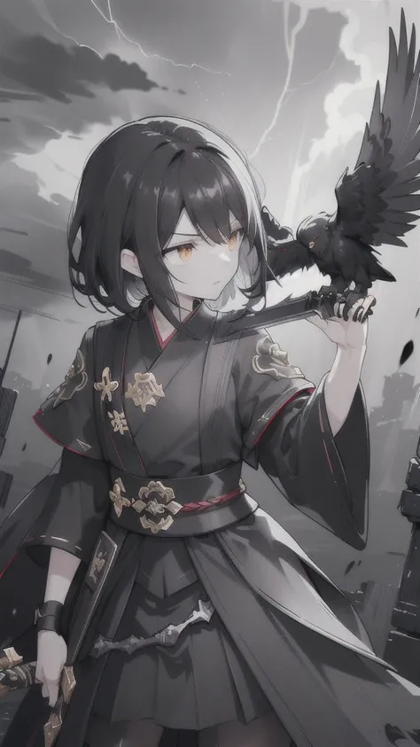 (dark hair,short black hair),(golden eyes),(black hanfu,black armor),(ink black longsword),(ravens),(high contrast,monochrome,black and white),(mystery,ominous),(stormy atmosphere,thunderstorm),(dramatic lighting),(detailed textures),(dynamic pose),(dark b...