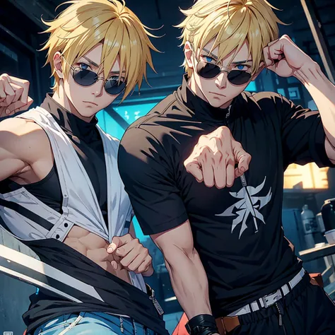 Anime male character with casual clothes but ninja clothes, blonde hair, sunglasses and his fists have bandages