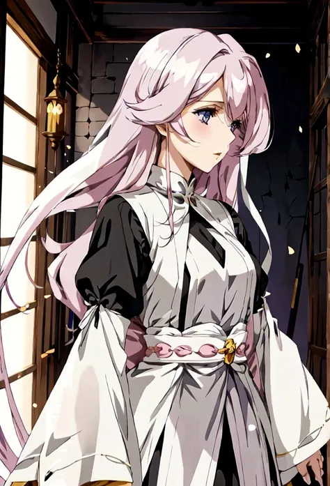 anime styling, best quality, pale white woman, very long pastel pink hair, some wavy locks, bangss, purples eyes, nun, dressed i...