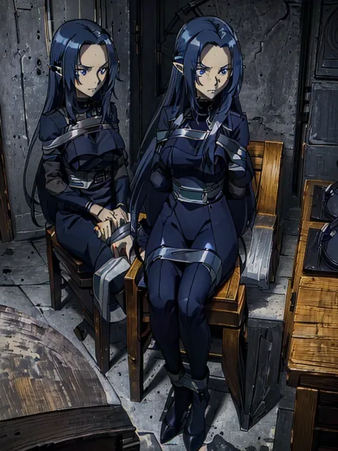 ((( masterpiece ))) ((( background : evil lair : high tech equipment : im a creepy room : a couple of guards ))) ((( dark blue hair,,long hair,blue eyes,pointy ears,elf: black skintight spy suit : bound to a chair : captured : serious : hands tied behind :...