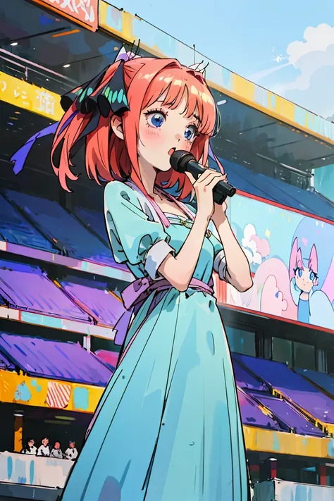 ((masterpiece, best quality)),very detailed, simple eyes, ((((outdoors,standing)))), (((blue eyes))), 1girl, (((kawai dress))), (((sing))), (((stage live live))), (((use microphone))),, nakano nino, 4k, extremely fine illustration, pink silky hair, hair ri...