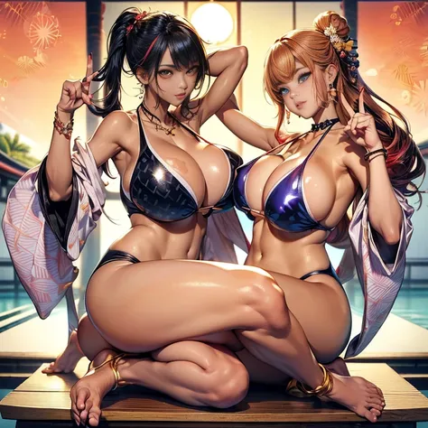 Ultra HD、Ultra high definition、Noise Reduction、perfection、Image quality adjustment、balance、Three Girls、High leg competitive swimsuit、High Cut、((Japanese pattern swimsuit:1.5))、Camel Toe、Giant tit、Nipple Puffs、Cleavage、Plump、Super big breasts、Super big butt...