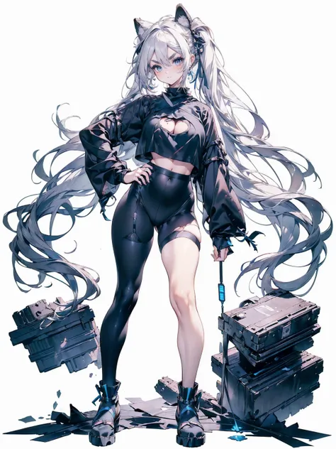 Action pose, (White Hair Girl), (Thick, dark blue eyebrows:1.4), (Dark blue eyebrows:1.7), (Thick eyebrows:1.3), (Huge black fluffy animal ears:1.1), (Black animal ears:1.1), BREAK, (((Mesh Stitching Crop T-Shirt, Cutout Long Sleeve Top))),BREAK, (Big Brea...