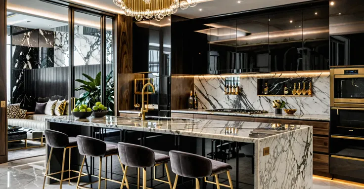 a close up of a kitchen with a marble counter top and bar stools, luxury bespoke kitchen design, dark kitchen, marble and wood and glass, dark and modern, glossy surface, laquer and steel, elegant and refined, award winning interior design, luxury condo in...