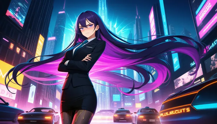 (high quality,Very detailed:1.37, High resolution), Woman, (very long hair:1.5), dark purple hair, purple eeyes, large breasts, (wetting herself:1.5), standing, business suit, necktie, (very long pencil skirt:1.5), pantyhose, (arms crossed:1.5), (embarrass...