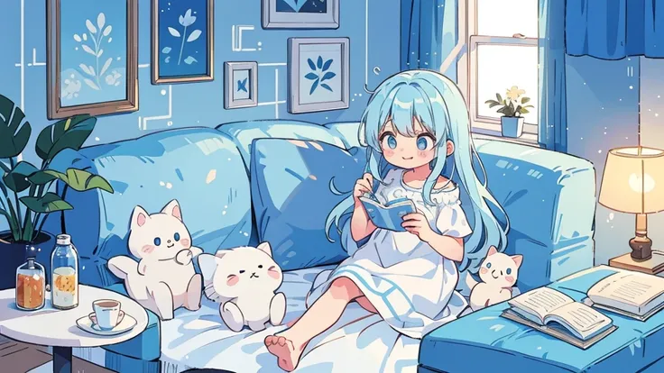 Light blue hair、Light blue eyes、Long Hair、cute、Sitting on the couch、laugh、Wearing a white dress、alone