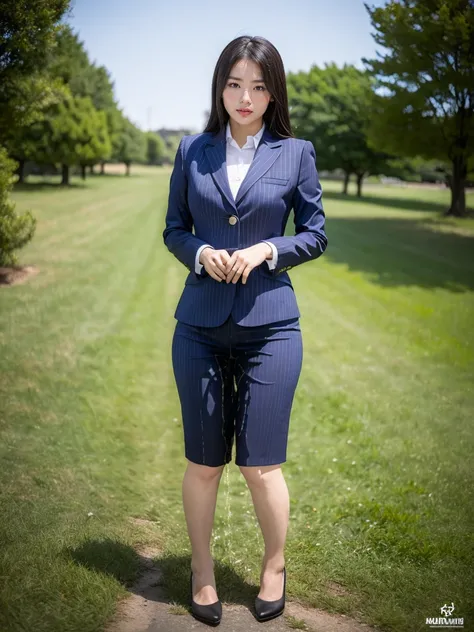 (masutepiece,High quality,16k:1.1),(depth of fields:1.3) ,((front body:1.35)),Japanese ,Woman, ((business suit, black vertical striped pencil skirt )), tights,huge breasts, voluptuous, thicc, curvy,(Looking at Viewer:1.3),(full body shot:1.2),(Beautiful Mo...