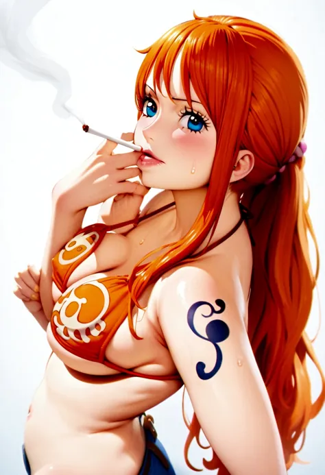 a cartoon picture of a woman in a bikini top and jeans, nami one piece, nami from one piece, nami, beautiful portrait of nami, from one piece, oppai, blue eyes, smoking, ponytail, nsfw