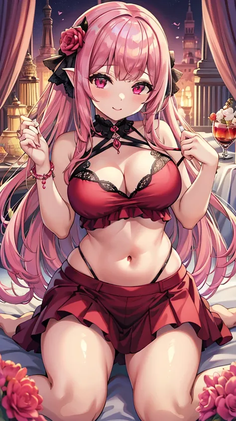 Masterpiece、Highest quality、Super detailed、1 girl、(Big Tits)、Fluffy and soft long hair、Red-pink eyes、Cleavage、(Showing underboob)、smile、Too big breasts、Pale pink hair、Succubus