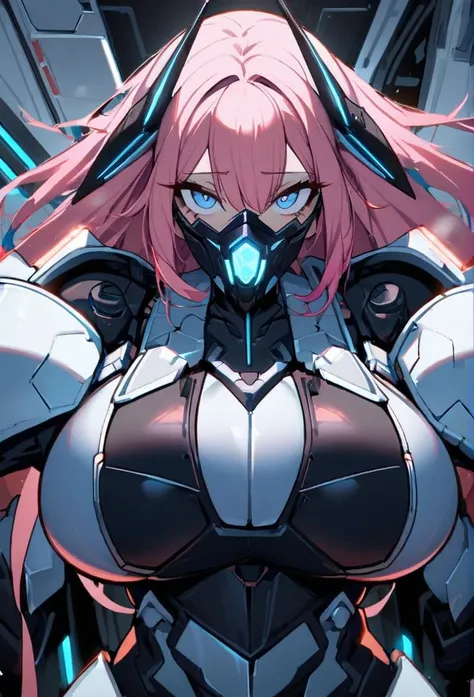 1girl,solo,pink hair color,long hair,light blue eyes,gigantic huge breasts,Wearing black sci-fi armor,Armor adheres closely to body lines,Cyber mask covering mouth,expressionless,icy stare,cold expression,Ruthless,disgusted eyes,close mouth,looking at view...