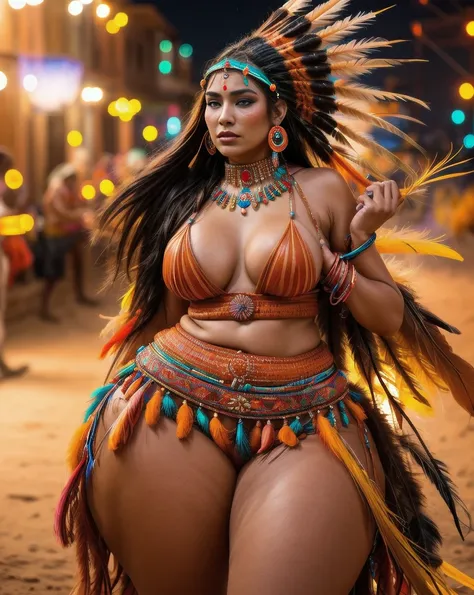 Beautiful Cherokee Indian woman with beautiful terracotta and pearl colored headdresses, feathers made of bright neon of various colors, flares on camera, bokeh, full moon night
