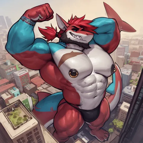 bright red colored bara shark, white countershade, red skin, large plump hairy pecs, strong physique, tribal tattoos, scarlet samurai hair in ponytail, cyan colored eyes, black sclera, very muscular, perfect anatomy, scars on body,nipple piercings, solo, m...