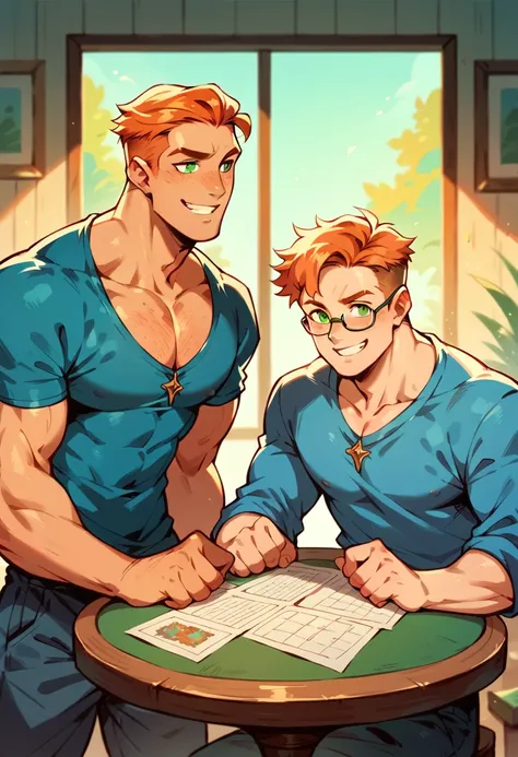 Handsome ginger haired man with green eyes wearing glasses and a black and blue fantasy attire smiling and playing a tabletop rpg game with his friends, living room background 