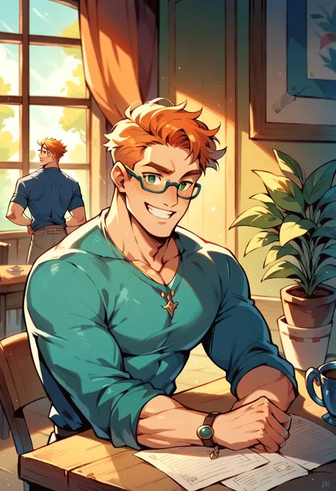 Handsome ginger haired man with green eyes wearing glasses and a black and blue fantasy attire smiling and playing a tabletop rpg game with his friends, living room background 