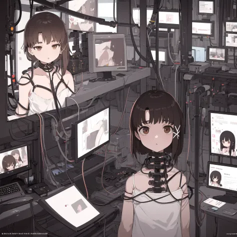 one girl, another iwakura, brown eyes, kamrein, white camisole, indoors, dark room, (cable:1.2), pipe, computer, lip electrode, ...