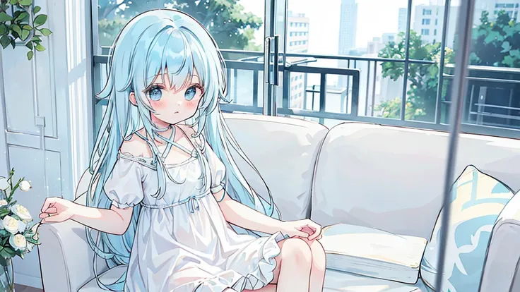 Light blue hair、Light blue eyes、Long Hair、cute、Sitting on the couch、laugh、Wearing a white dress、alone