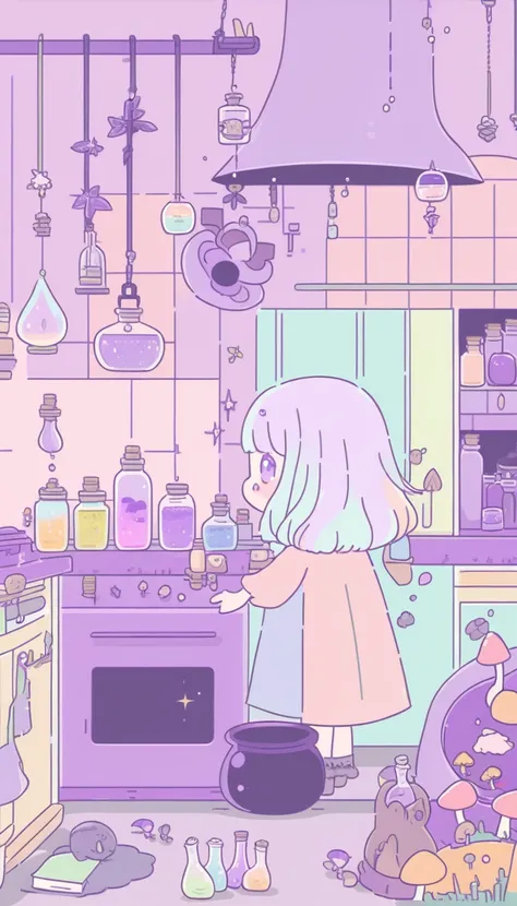 cute, witchy, kitchen, with bubbling cauldron, light colors, pastel colors, potions, books, magical mushrooms