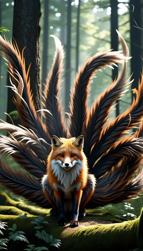 Panorama，A wild beast in the forest，Looks like a fox and has nine tails，Mysterious Creatures, shrike, (best quality，4K，8K，High level，masterpiece：1.2），Ultra Detailed，（lifelike，Photo real，Photo real：1.37），Highly detailed animals，Complex patterns，Realistic li...