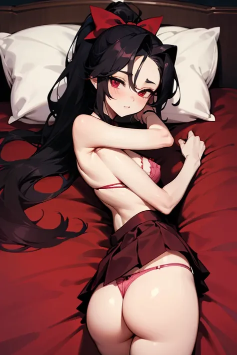 wavy black hair, piercing look with deep red eyes, average stature, Silky hair with a ponytail hairstyle collected with a red bow with two white lines., lying in her bed ,unclothed , has a vagina, has breasts,NSFW, poses perverteds, lustful look, perverted...