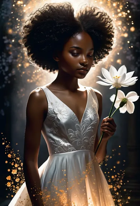 Create a detailed image of a book cover with the silhouette of a bald 15-year-old black girl in shadow, partially visible, with a flowing dress around her. Behind the silhouette, depict a bright white flower emitting powerful magic. The background should b...