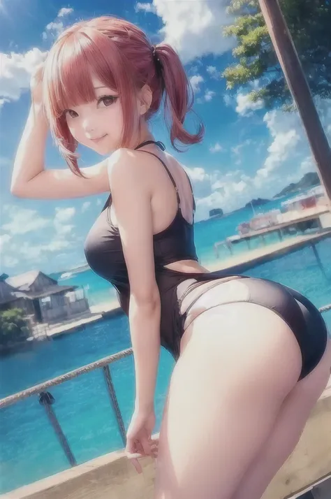 Cute a woman in a bikini top and panties standing on a pier, thicc, rin, is wearing a swimsuit, swimsuit, realitas