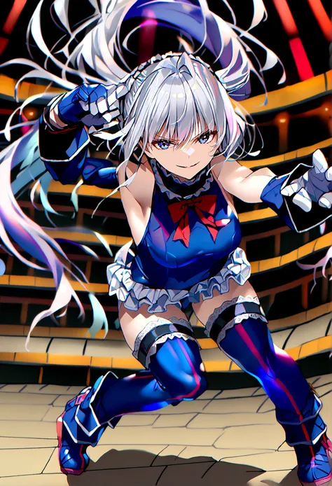 1girl, full body,dark aura,evil smile, 1girl,(silver hair:1.4),very long hair,(arena:1.4), frilled choker, red bowtie, blue one-...