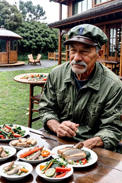 A man wearing an old-fashioned &quot;aviation cap&quot;，Wearing outdoor clothing，Sitting at the table, looking sideways into the distance, thoughtfully（Outdoor play scene）。Chicken, fish, and several dishes of vegetables were placed on the table.