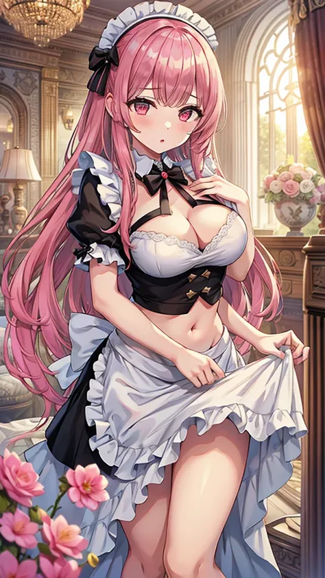 Masterpiece、Highest quality、Super detailed、1 girl、(Big Tits)、Fluffy and soft long hair、Red-pink eyes、Cleavage、(Showing undermile、Too big breasts、Pale pink hair、Maid clothes、Belly button、A room in the palace、Grabbed by the chest