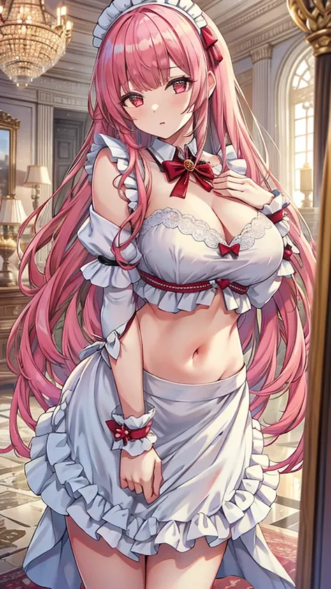 Masterpiece、Highest quality、Super detailed、1 girl、(Big Tits)、Fluffy and soft long hair、Red-pink eyes、Cleavage、(Showing undermile、Too big breasts、Pale pink hair、Maid clothes、Belly button、A room in the palace、Grabbed by the chest