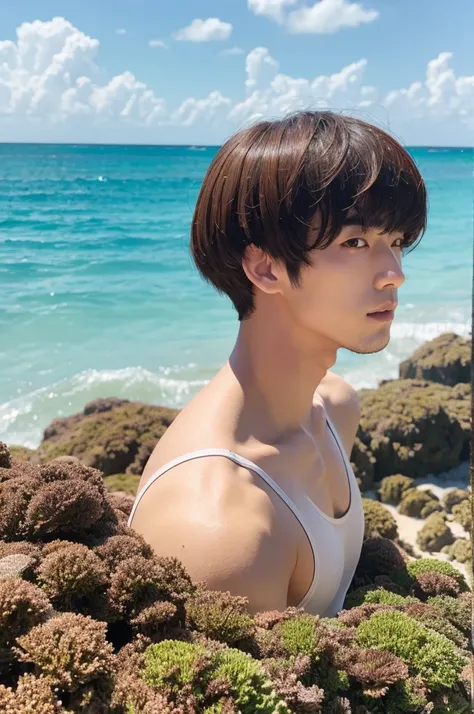 Mushroom head, handsome man, summer sea