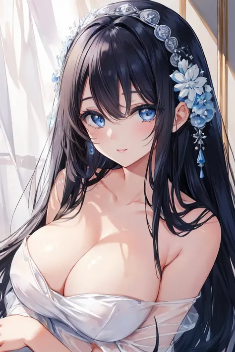 masterpiece、Highest quality、Woman 1、Very detailed　Black Hair、Straight hair　blue eyes、Big eyes、Droopy eyes、Beautiful Eyes　smile　Face is close、Face close-up　Cleavage、nude　pillow、Sheet