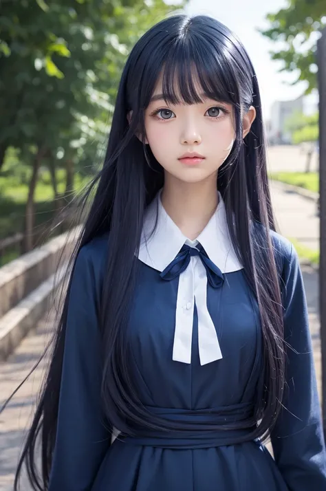 Anime illustration, long indigo hair, large eyes, small mouth, age 16, wearing navy blue wizard&#39;s uniform
