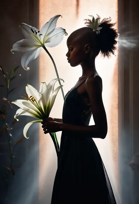 Create a detailed image of a book cover with the silhouette of a 15-year-old bald black girl in shadow, partially visible, with a flowing dress around her. Behind the silhouette, depict a huge, bright white lily flower emitting powerful magic. The backgrou...