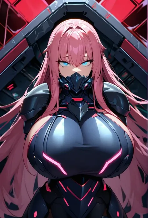 1girl,solo,pink hair color,long hair,light blue eyes,gigantic huge breasts,Wearing black sci-fi armor,Armor adheres closely to body lines,Cyber mask covering mouth,expressionless,icy stare,cold expression,Ruthless,disgusted eyes,close mouth,looking at view...