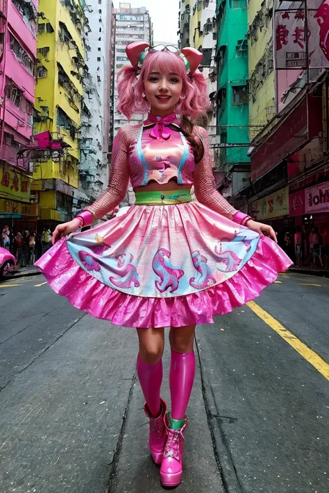 hong kong, day, (awkward,blush :1.3),alafi girls take photos in colorful clothes, y 2 k cutecore crowncore, lovely decora rainbo...