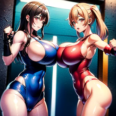 Two people draw , Kyoto animation , Nsfw , Women boxing , monokini swimsuits , boxing rings, huge breasts.