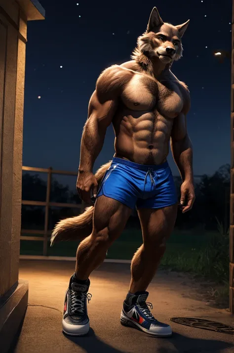 A werewolf has brown fur, he also wears blue shorts with red and white stripes and damaged athletic sneakers., anthro wolf, male, adult, brown fur, buffed body, sexy, beefy body, furred body, furry chest hair, realistic, full body, photorealistic, ultra re...